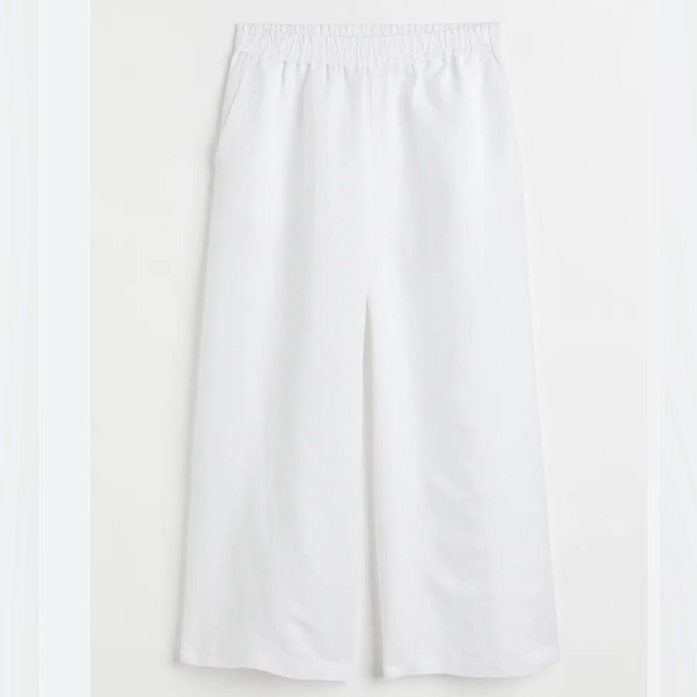 H&M Linen Wide Leg Cropped Trousers, Pockets, elasticized waist, Medium